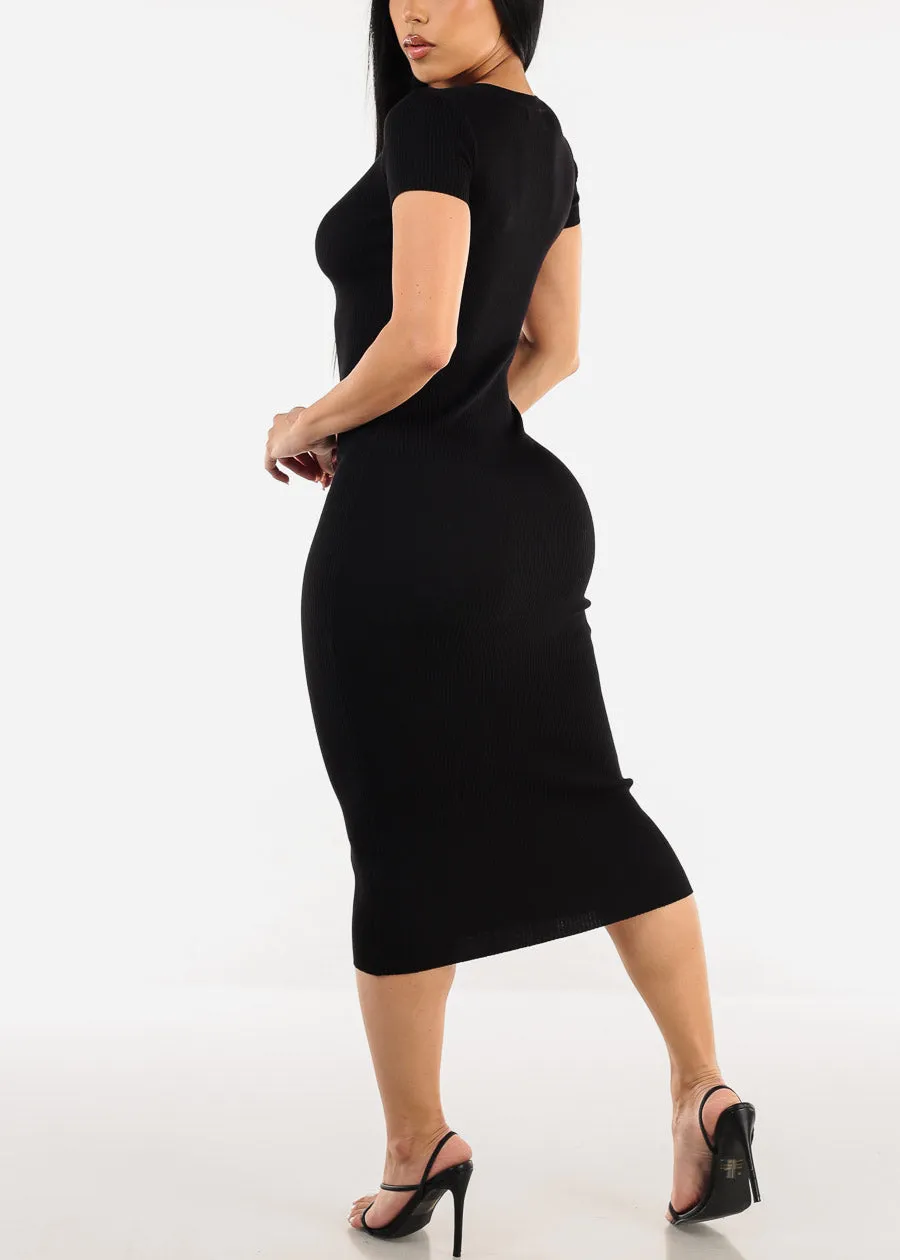 Short Sleeve Ribbed Black Bodycon Midi Dress sold by Moda product image thumbnail 4