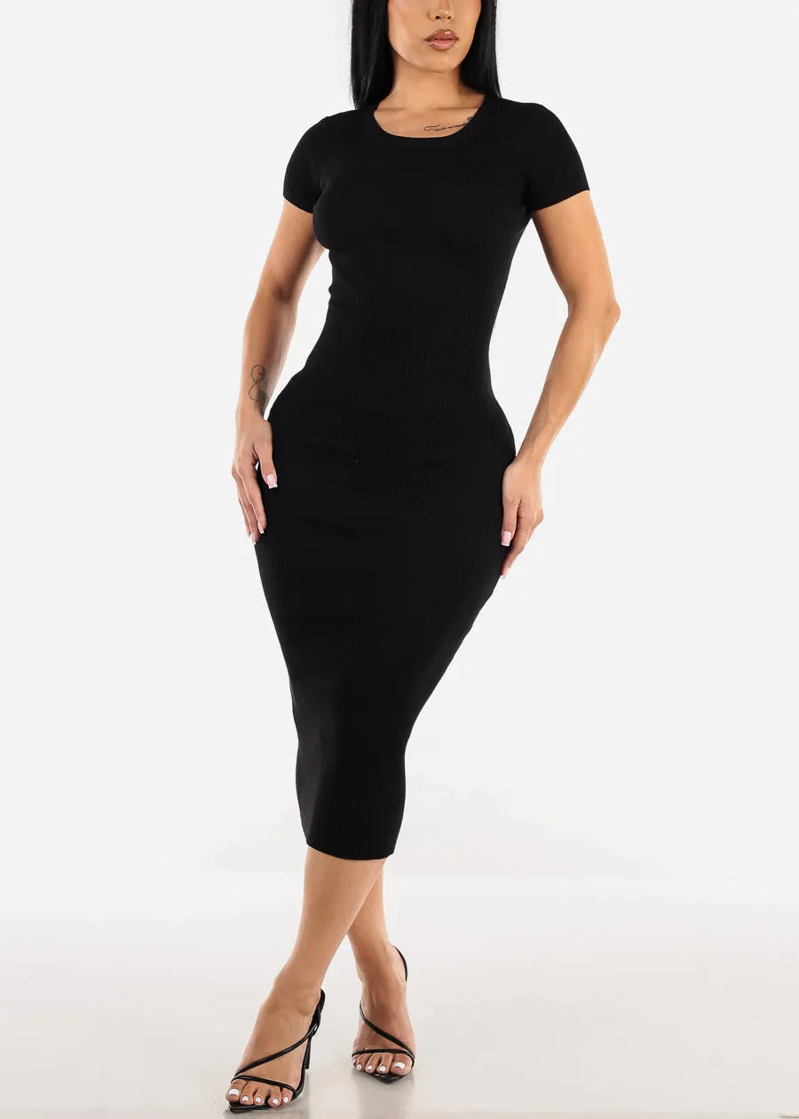 Short Sleeve Ribbed Black Bodycon Midi Dress sold by Moda