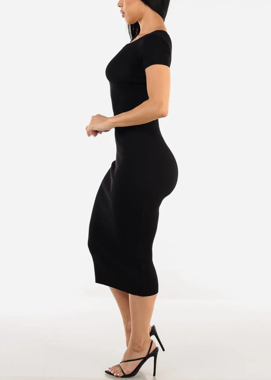 Short Sleeve Ribbed Black Bodycon Midi Dress sold by Moda product image thumbnail 2