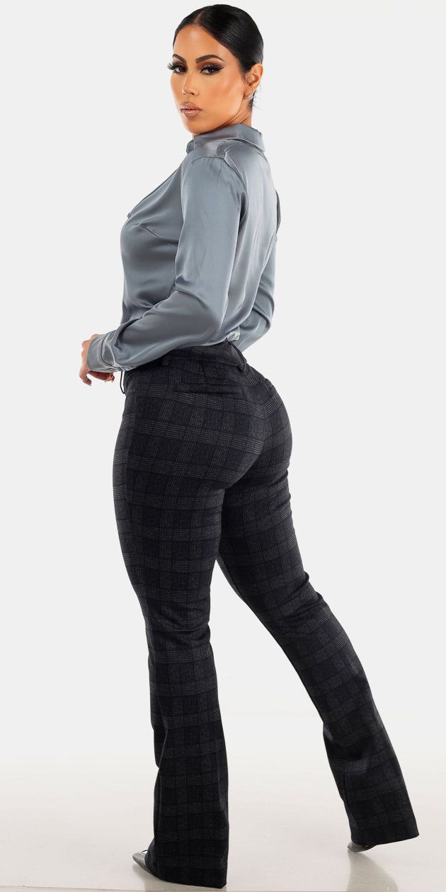 High Waisted Plaid Bootcut Dress Pants with Slit Sides Blue Satin Collared Blouse sold by Moda product image thumbnail 2
