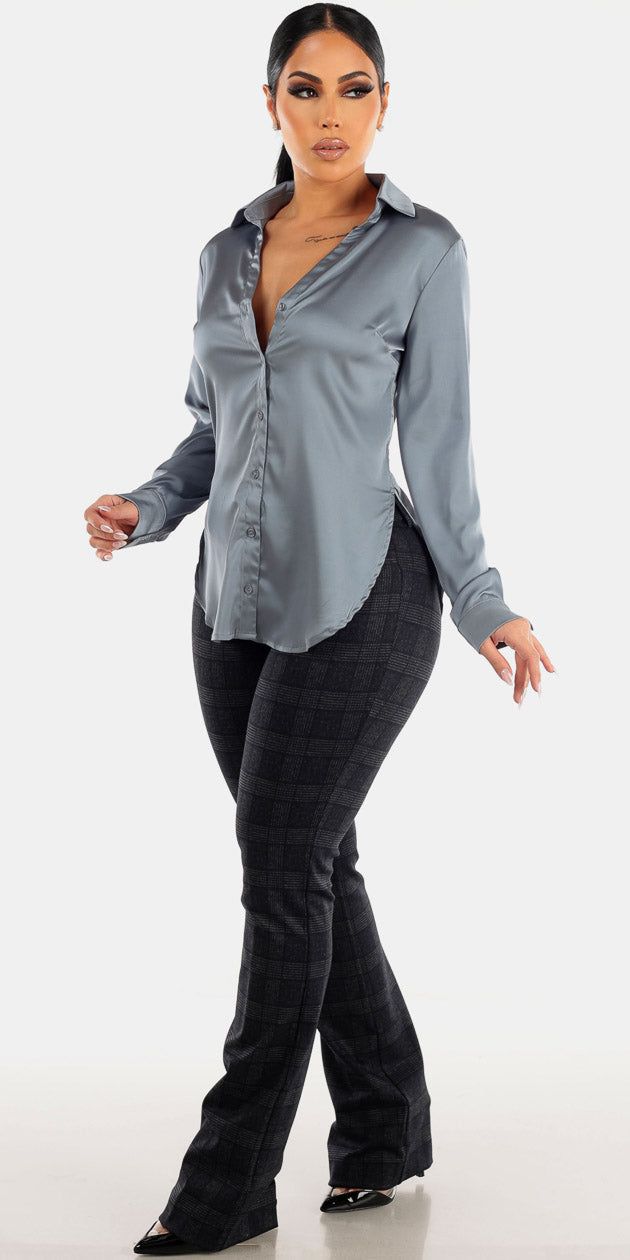 High Waisted Plaid Bootcut Dress Pants with Slit Sides Blue Satin Collared Blouse sold by Moda