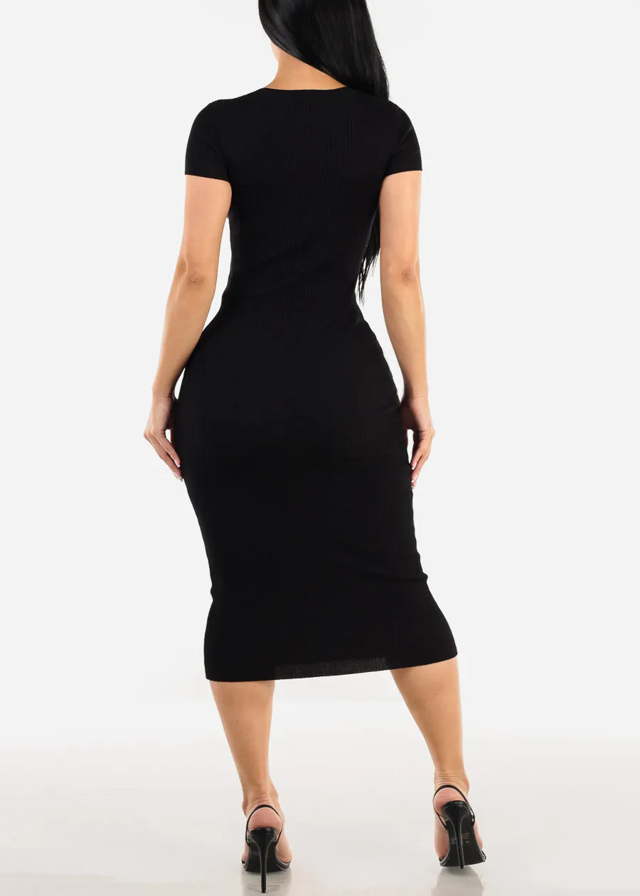 Short Sleeve Ribbed Black Bodycon Midi Dress sold by Moda product image thumbnail 3