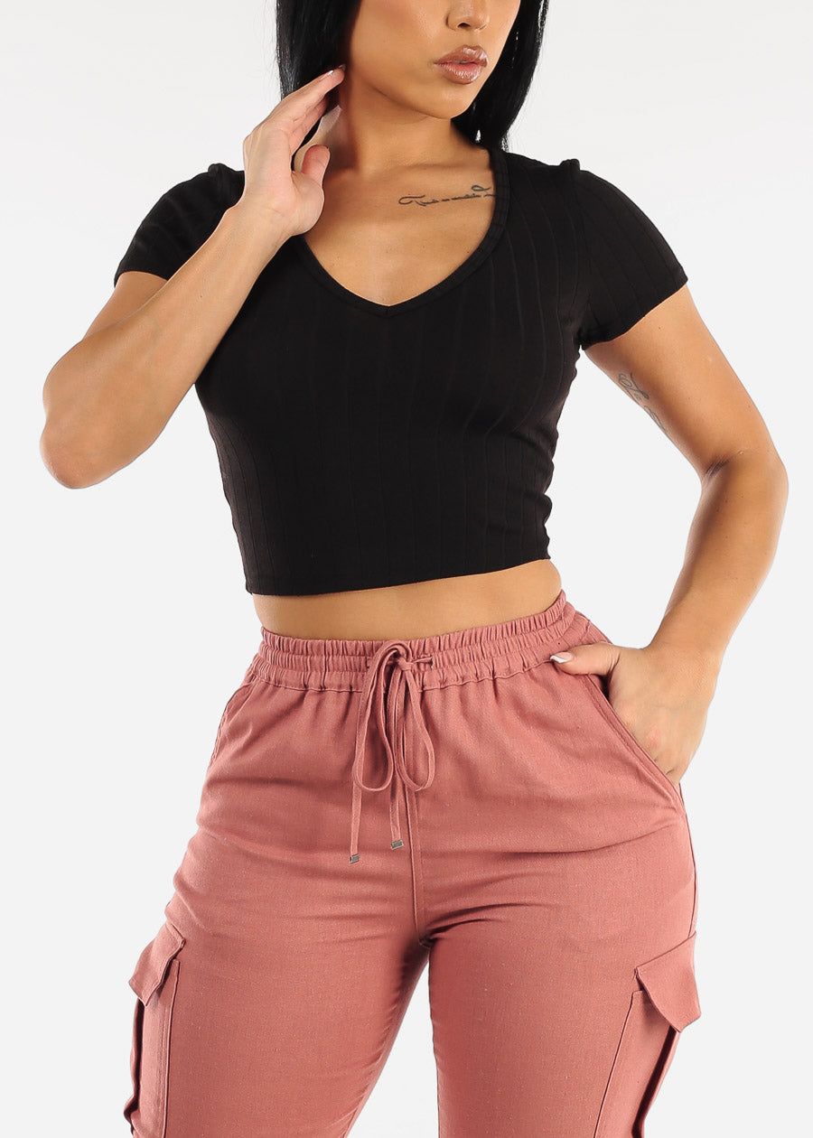 Short Sleeve Black Vneck Crop Top sold by Moda