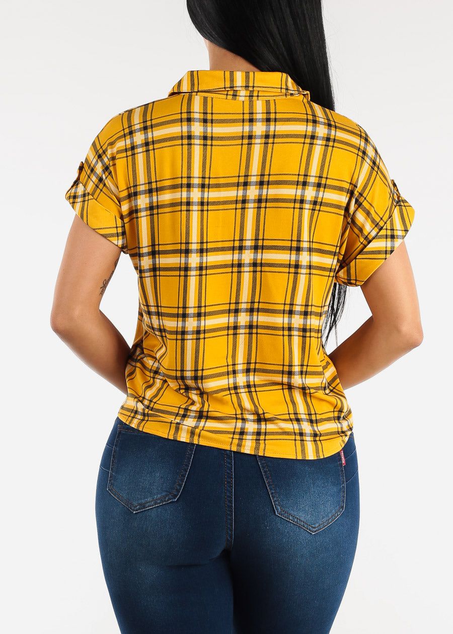 Short Sleeve Tie Front Button Up Plaid Shirt Yellow sold by Moda product image thumbnail 4