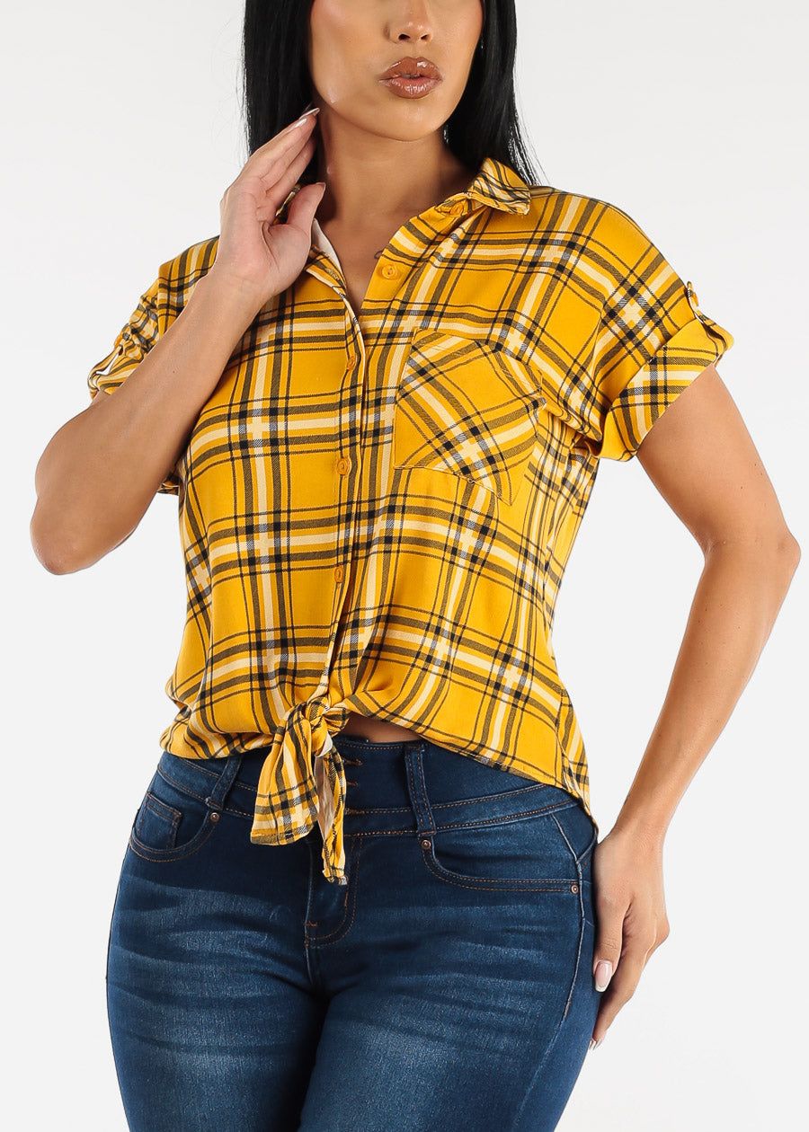 Short Sleeve Tie Front Button Up Plaid Shirt Yellow sold by Moda