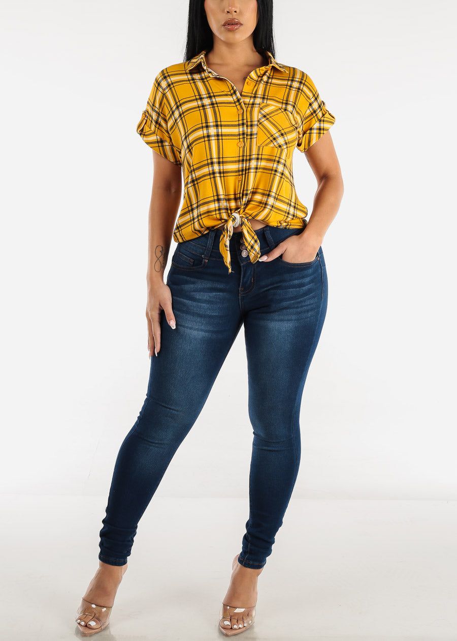 Short Sleeve Tie Front Button Up Plaid Shirt Yellow sold by Moda product image thumbnail 2