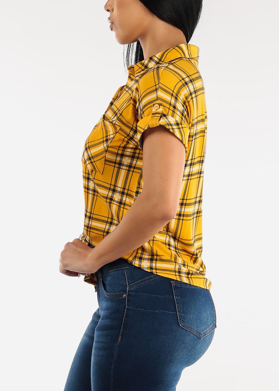 Short Sleeve Tie Front Button Up Plaid Shirt Yellow sold by Moda product image thumbnail 3