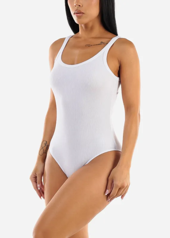 White Sleeveless Scoop Neck Ribbed Bodysuit sold by Moda