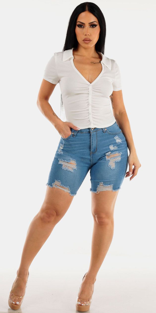 White Ruched Ripped Denim Outfit sold by Moda