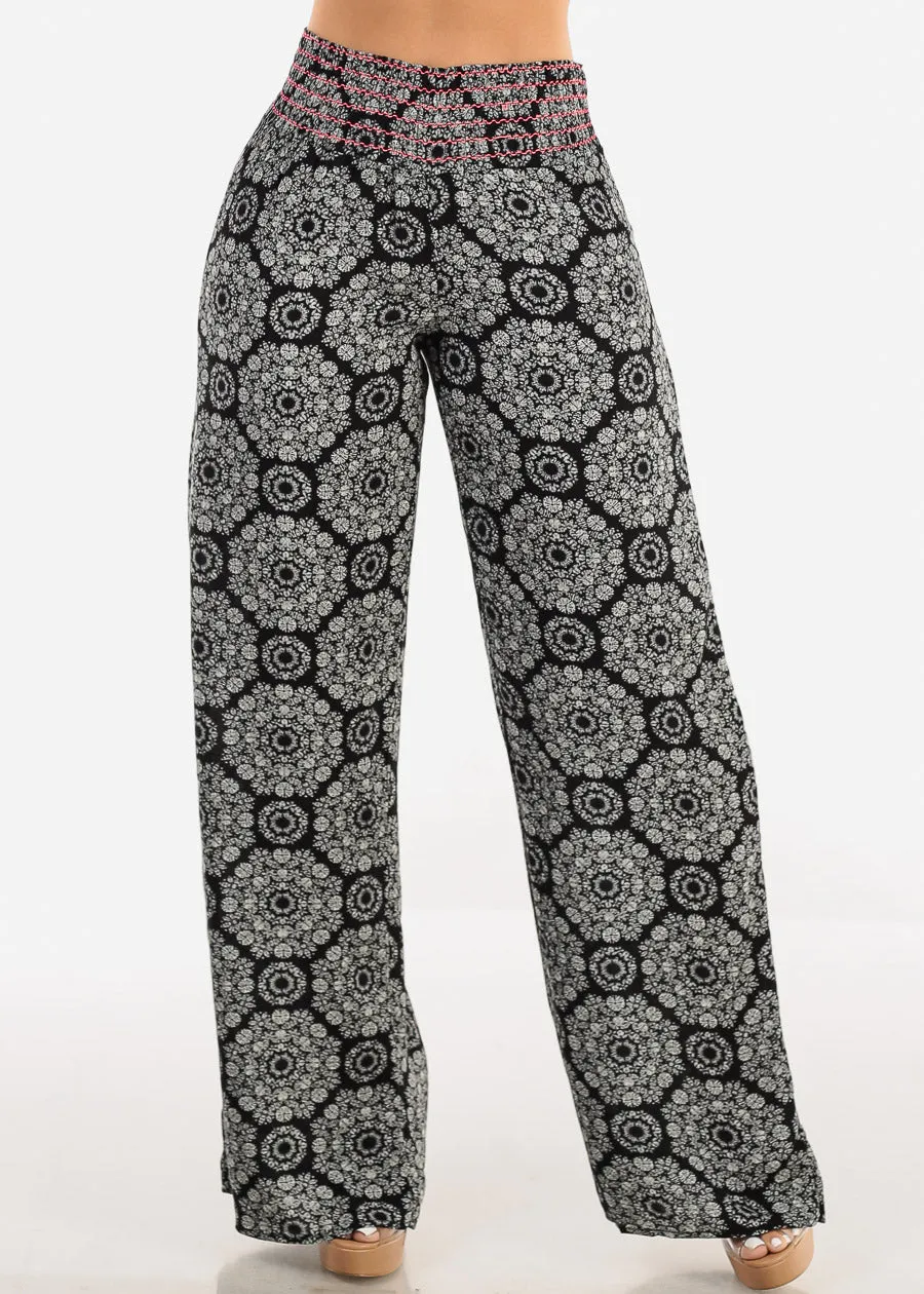 Boho Smocked Waist Floral Palazzo Pants Black sold by Moda