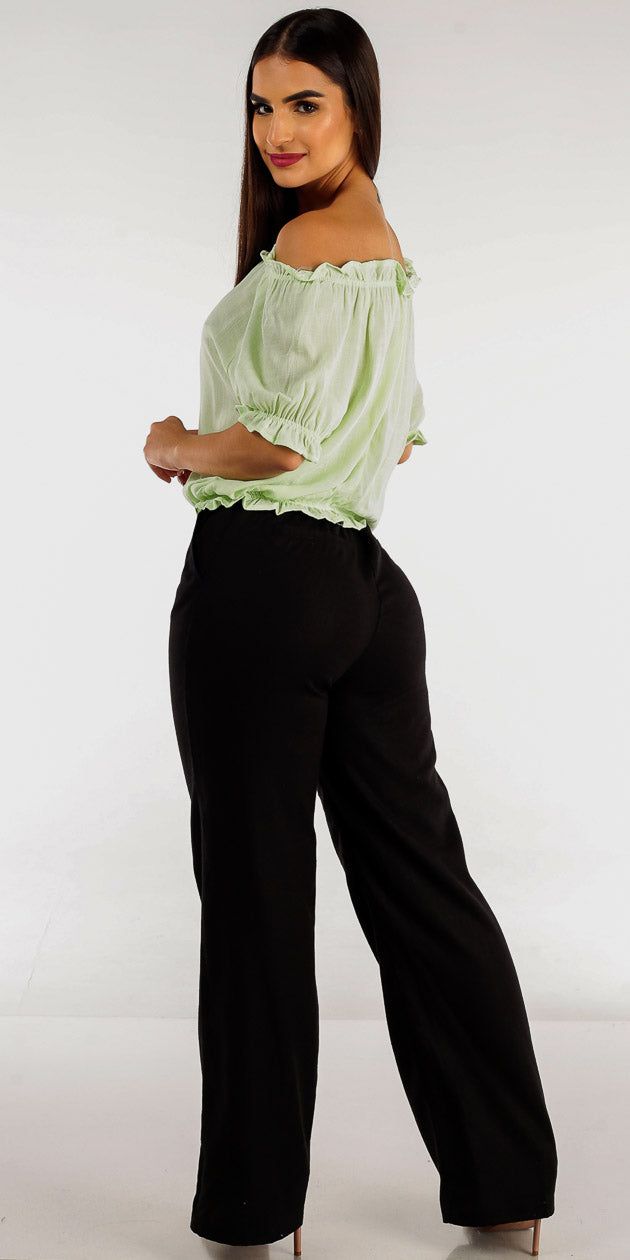 Black Straight Wide Leg Linen Pants with Mint Off Shoulder Rayon Top sold by Moda product image thumbnail 2