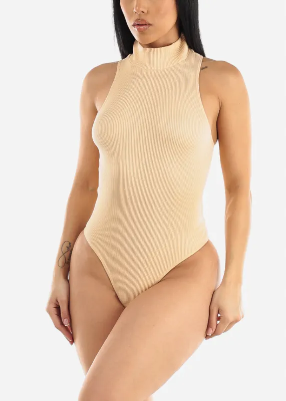 Sleeveless Ribbed Mock Neck Thong Bodysuit Nude sold by Moda