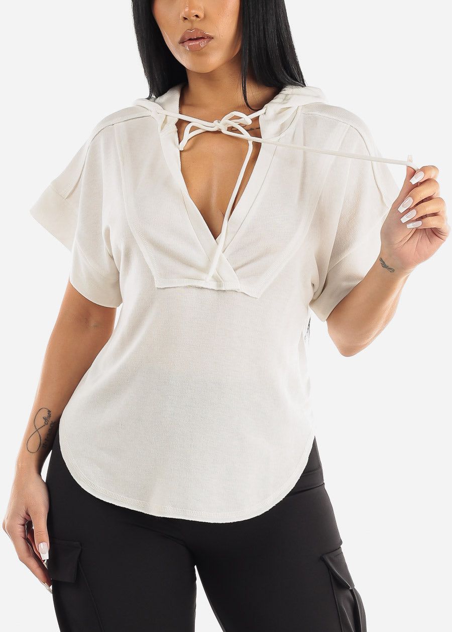 Short Sleeve Curved Hem Pullover Hoodie Ivory sold by Moda