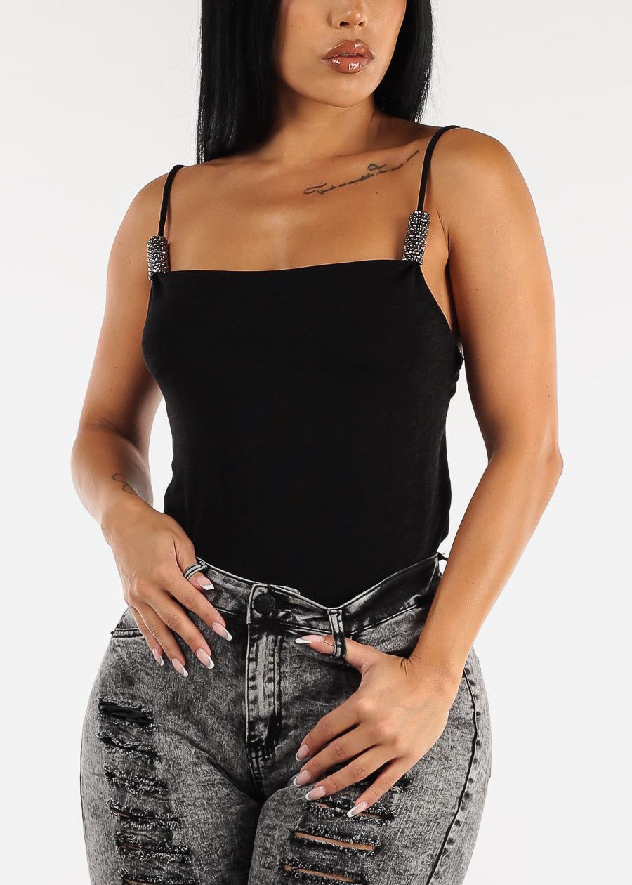 Slinky Stretchy Cami Top with Rhinestone Detail Black sold by Moda