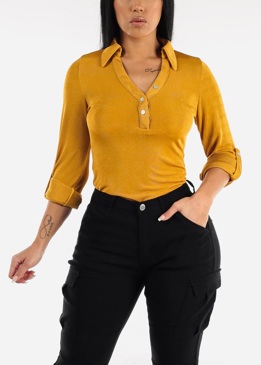 Long Sleeve Slinky Fitted Blouse Mustard sold by Moda