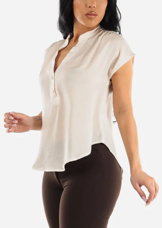 Short Sleeve Half Button Up Round Hem Blouse Cream sold by Moda