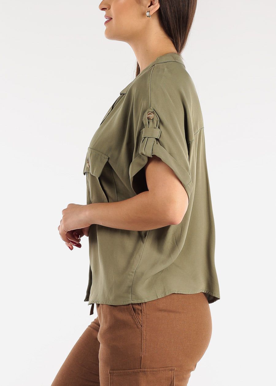 Button Up Short Sleeve Cropped Rayon Shirt Olive sold by Moda product image thumbnail 3