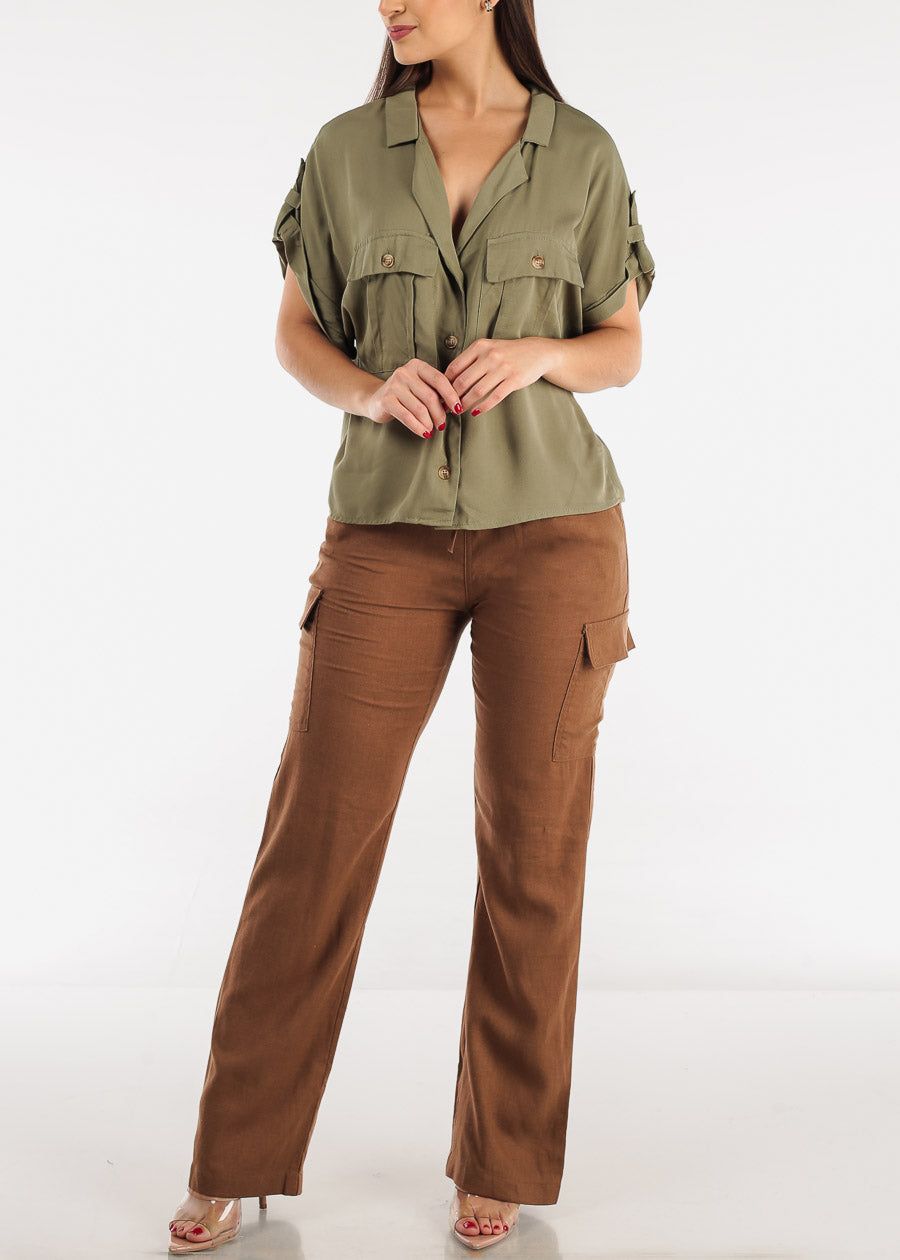 Button Up Short Sleeve Cropped Rayon Shirt Olive sold by Moda product image thumbnail 2
