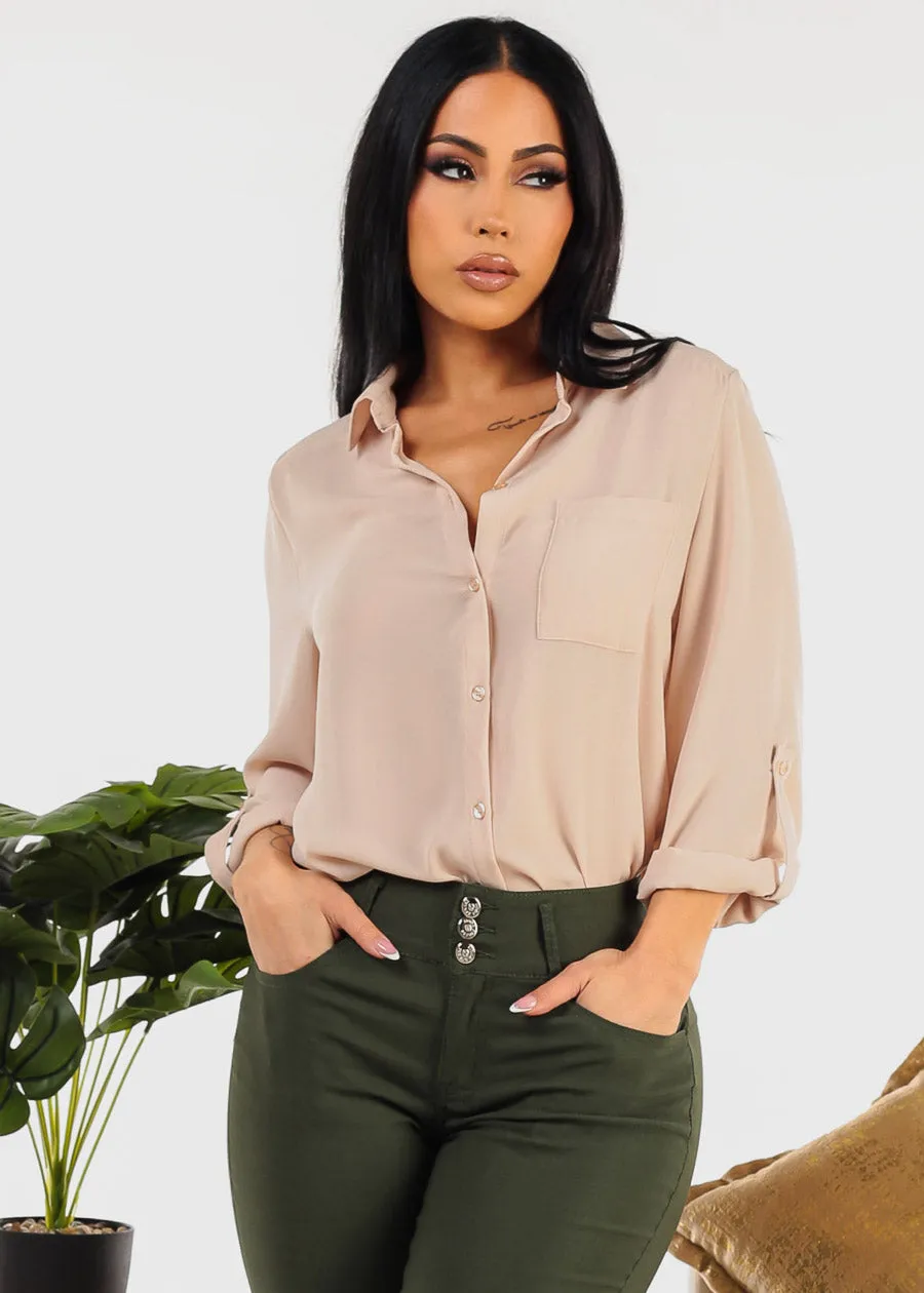 Chiffon Button Up Dressy Shirt Beige sold by Moda