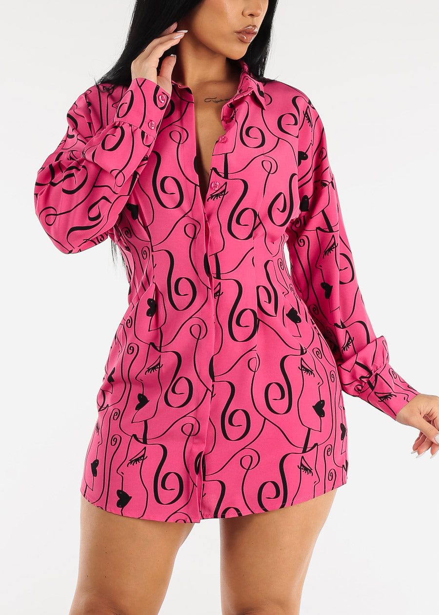 Printed Button Down Pleated Mini Shirtdress Fuchsia sold by Moda product image thumbnail 4