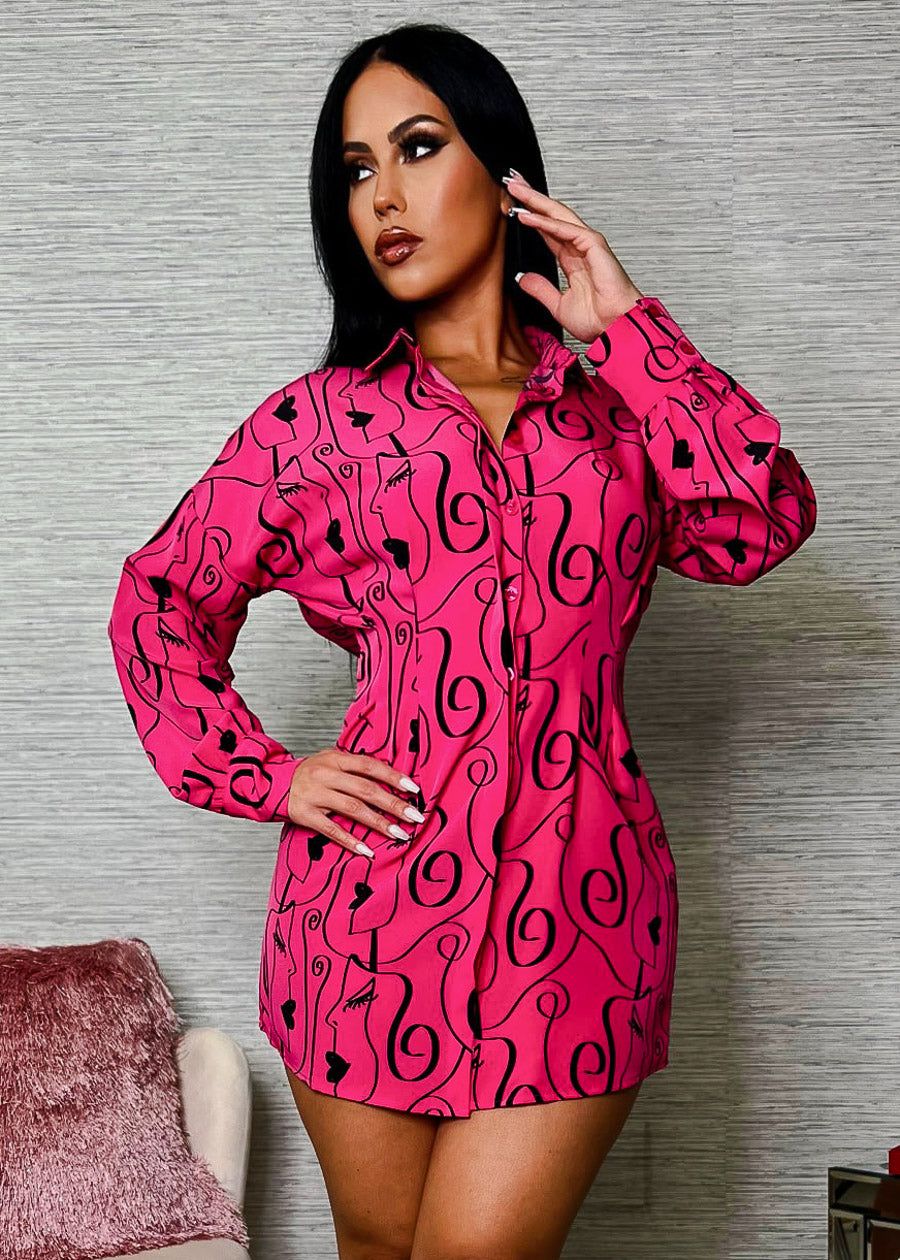 Printed Button Down Pleated Mini Shirtdress Fuchsia sold by Moda