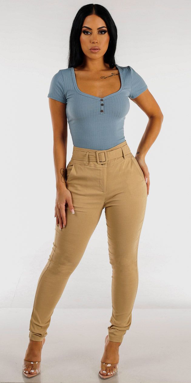 High Waisted Khaki Belted Skinny Pants with Light Blue Short Sleeve Top sold by Moda