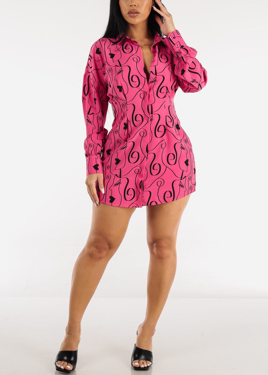 Printed Button Down Pleated Mini Shirtdress Fuchsia sold by Moda product image thumbnail 5
