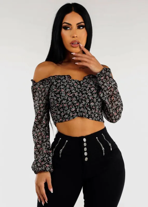 Off Shoulder Long Sleeve Floral Cropped Blouse sold by Moda