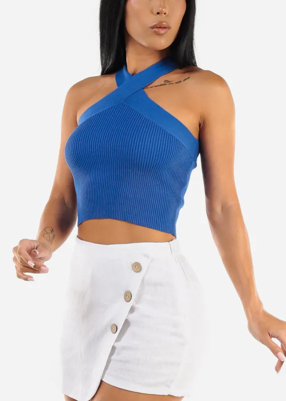 Criss Cross Halter Ribbed Crop Top Royal Blue sold by Moda