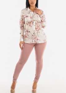 Long Sleeve Button Up Floral Cotton Shirt Ivory sold by Moda