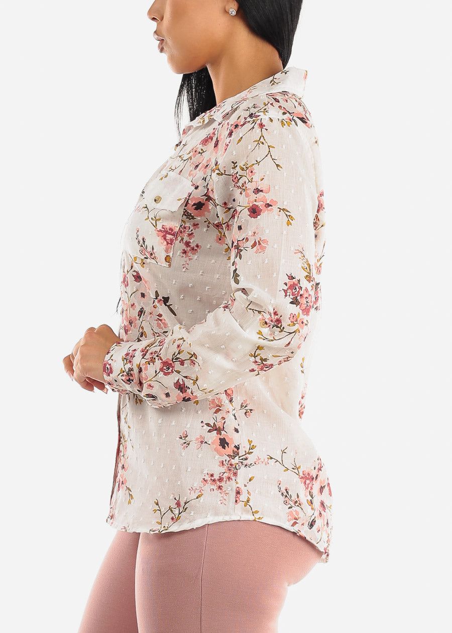 Long Sleeve Button Up Floral Cotton Shirt Ivory sold by Moda product image thumbnail 3