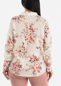 Long Sleeve Button Up Floral Cotton Shirt Ivory sold by Moda