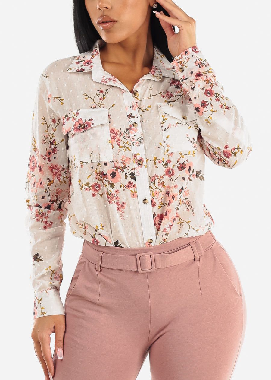 Long Sleeve Button Up Floral Cotton Shirt Ivory sold by Moda