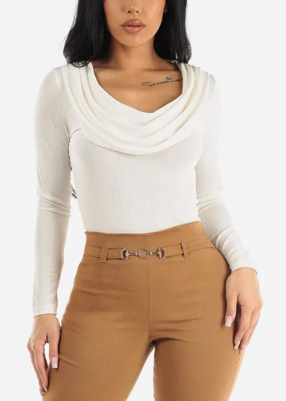 Ribbed Long Sleeve Cowl Neck Fitted Top Off White sold by Moda