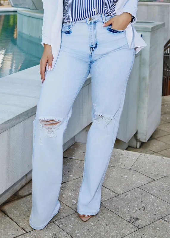 High Waist Ripped Acid Wash Wide Leg Straight Denim Jeans sold by Moda