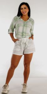 White Drawstring Waist Cotton Shorts with Green Long Sleeve Oversized Plaid Shirt sold by Moda