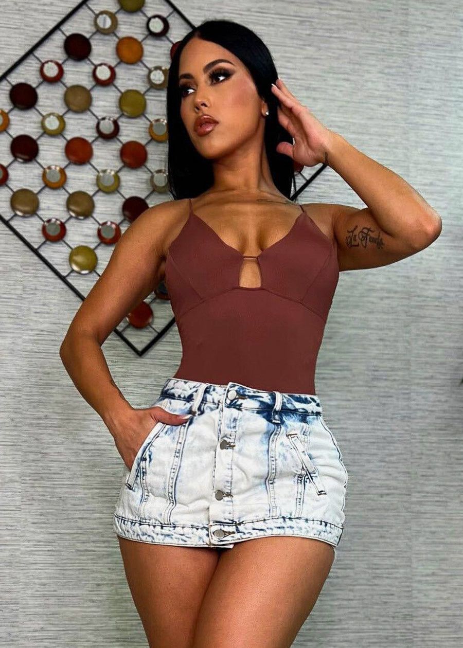 Spaghetti Strap Thong Bodysuit Brown sold by Moda