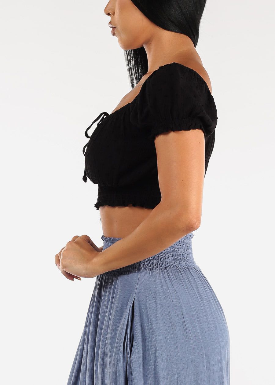 Black Smocked Hem Short Puff Sleeve Crop Top sold by Moda product image thumbnail 3