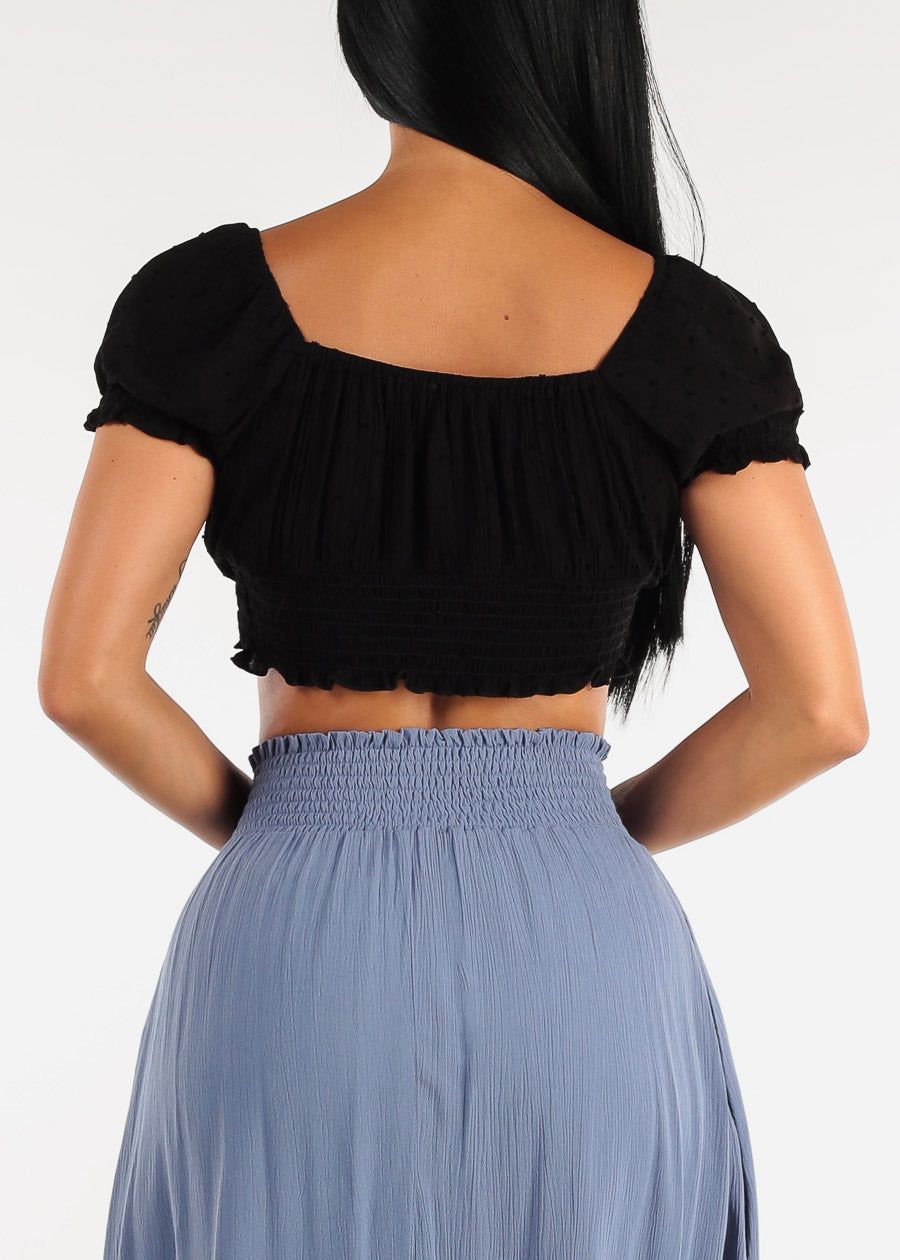 Black Smocked Hem Short Puff Sleeve Crop Top sold by Moda product image thumbnail 4