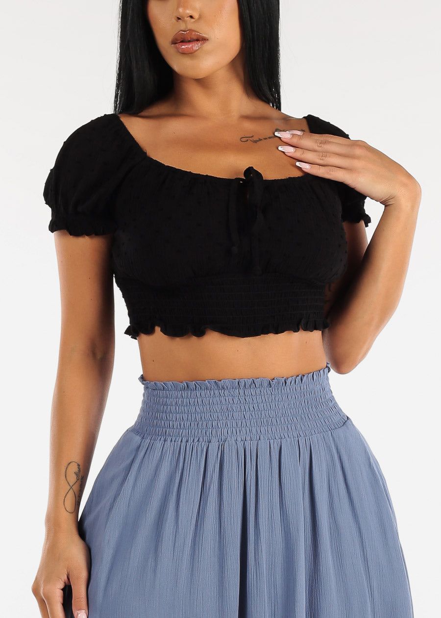 Black Smocked Hem Short Puff Sleeve Crop Top sold by Moda