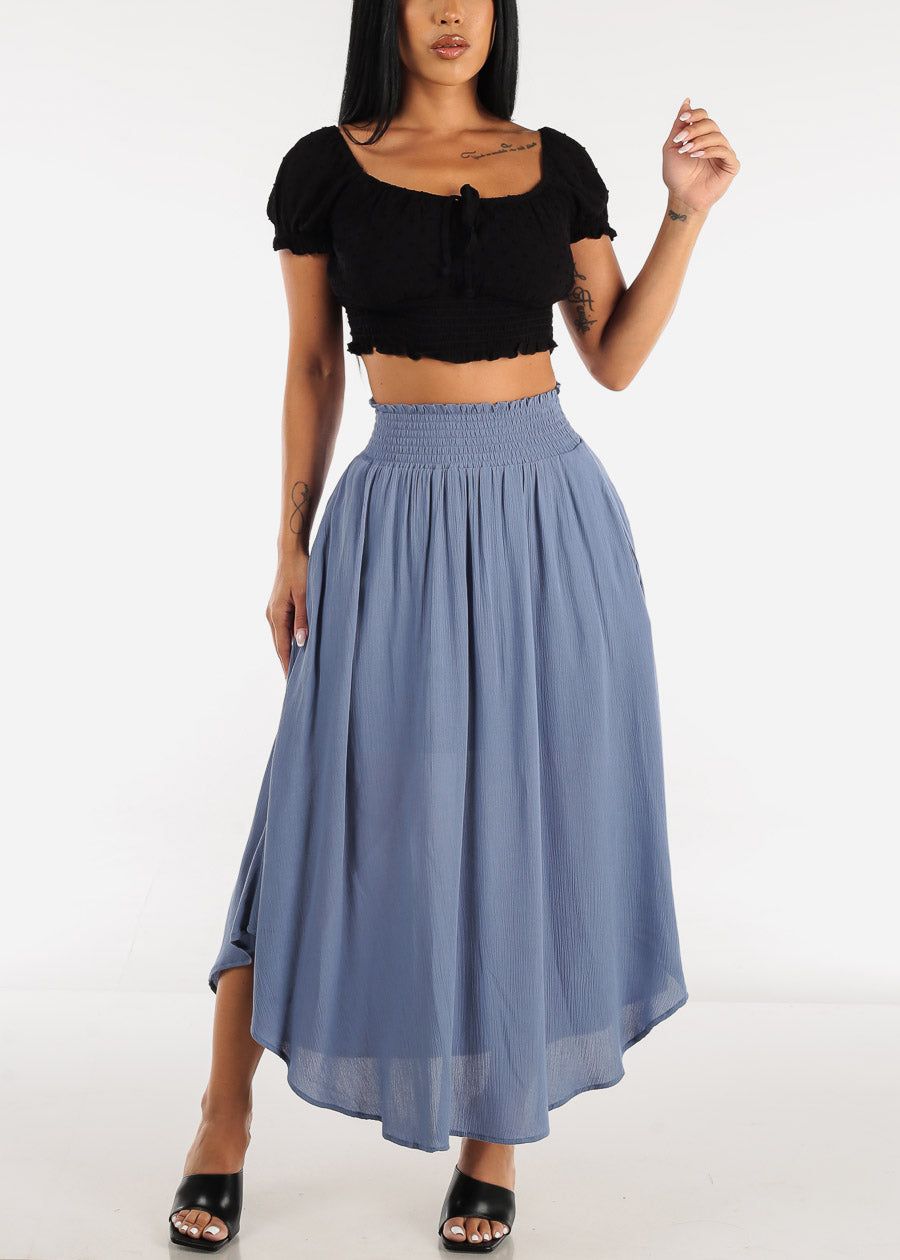 Black Smocked Hem Short Puff Sleeve Crop Top sold by Moda product image thumbnail 2