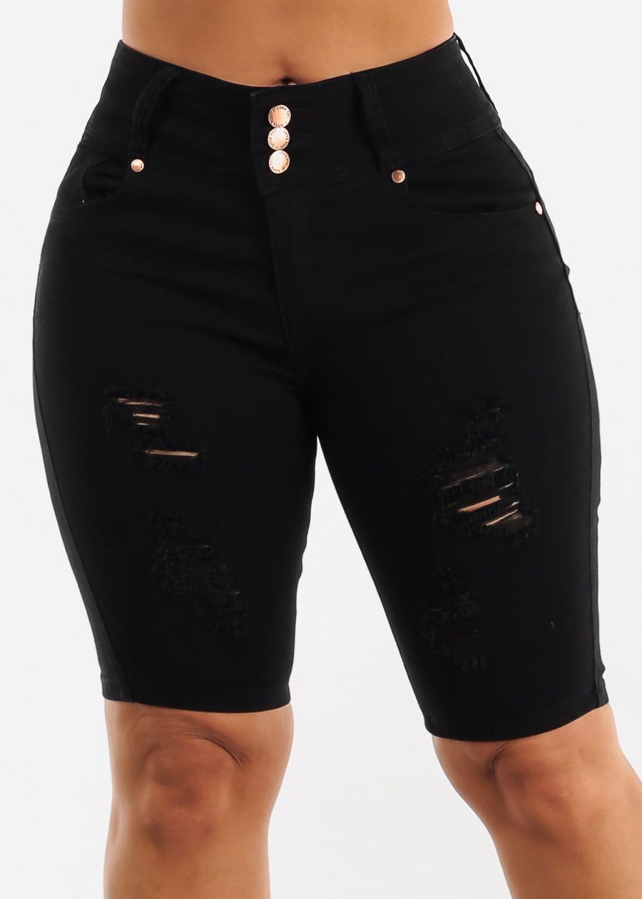Black Butt Lifting Distressed High Waist Bermuda Shorts sold by Moda product image thumbnail 3