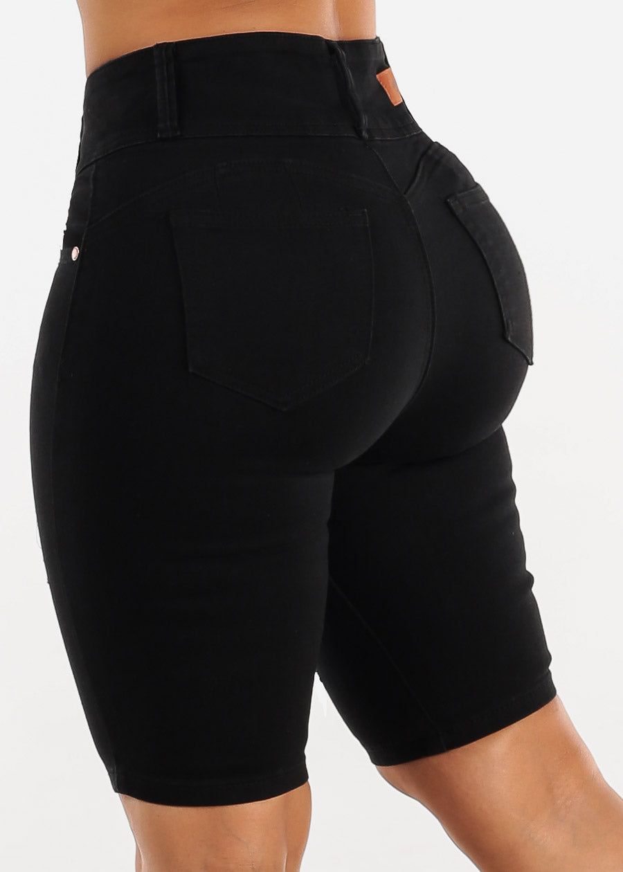 Black Butt Lifting Distressed High Waist Bermuda Shorts sold by Moda