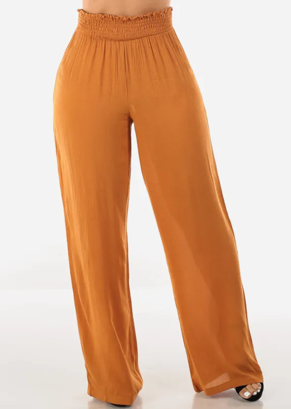 Smocked Waist Wide Legged Pants Camel sold by Moda