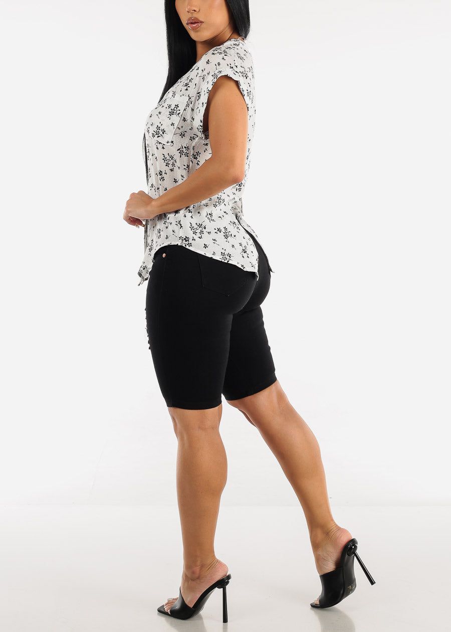 Black Butt Lifting Distressed High Waist Bermuda Shorts sold by Moda product image thumbnail 5