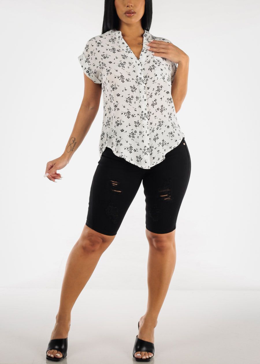 Black Butt Lifting Distressed High Waist Bermuda Shorts sold by Moda product image thumbnail 2