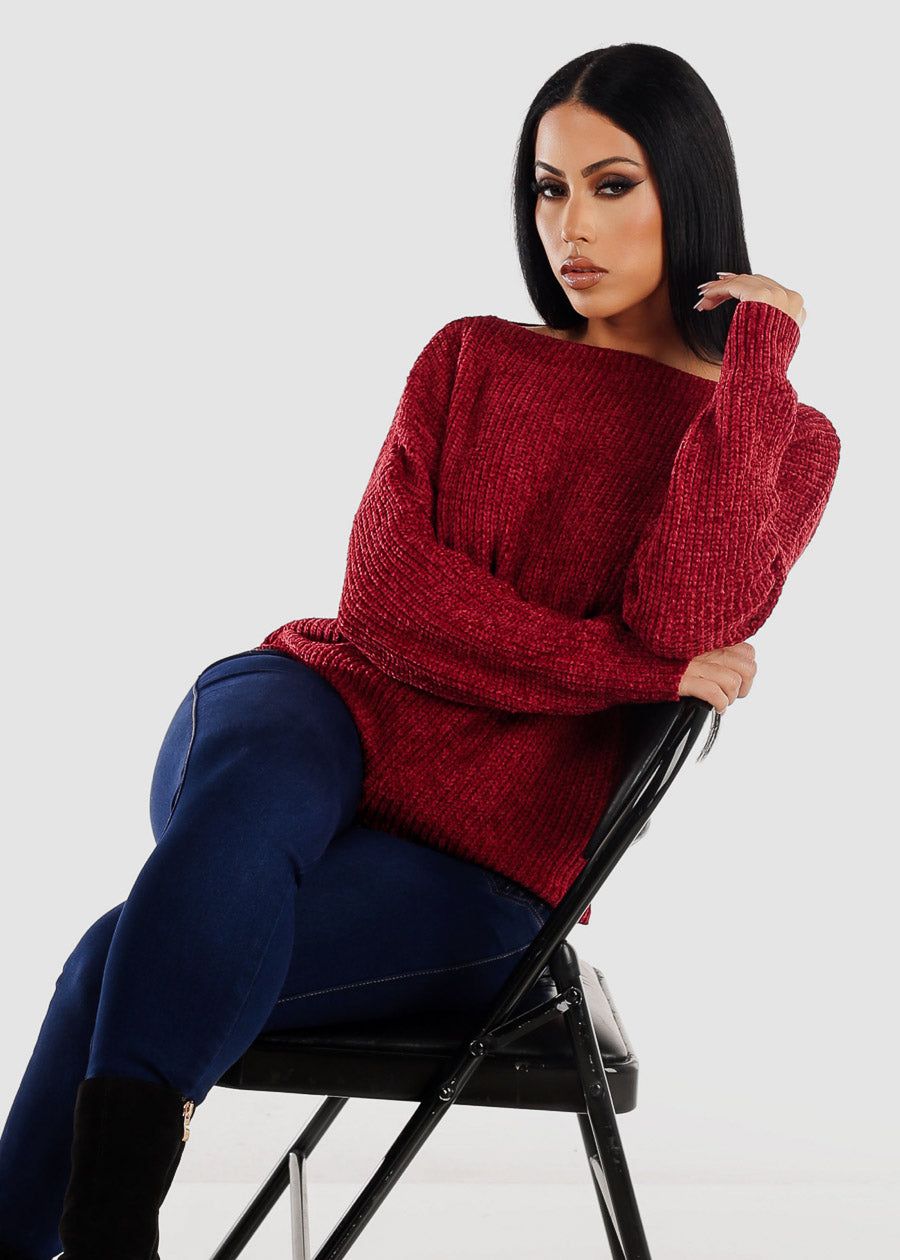 Long Sleeve Soft Knit Boat Neckline Sweater Wine sold by Moda