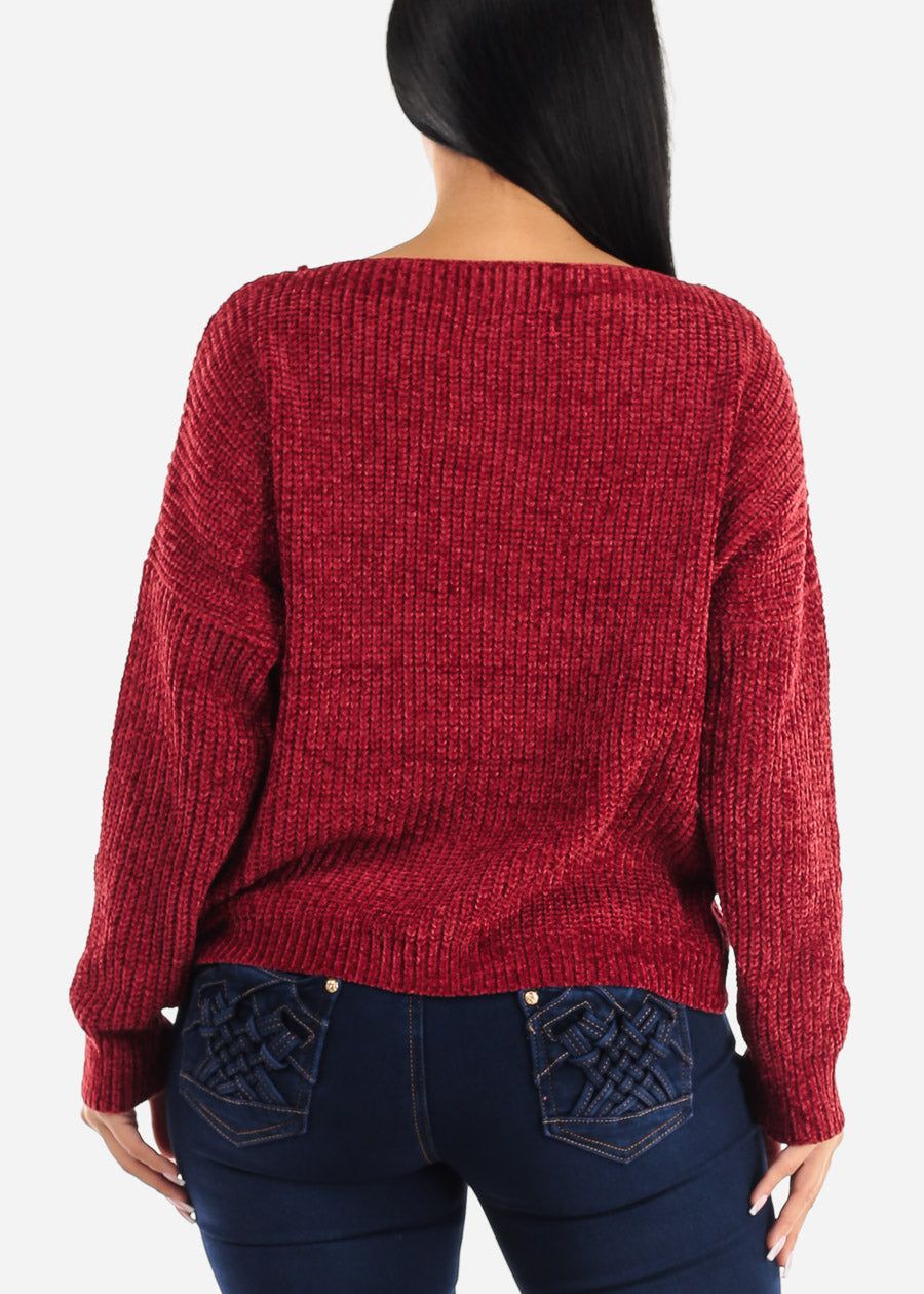 Long Sleeve Soft Knit Boat Neckline Sweater Wine sold by Moda product image thumbnail 5