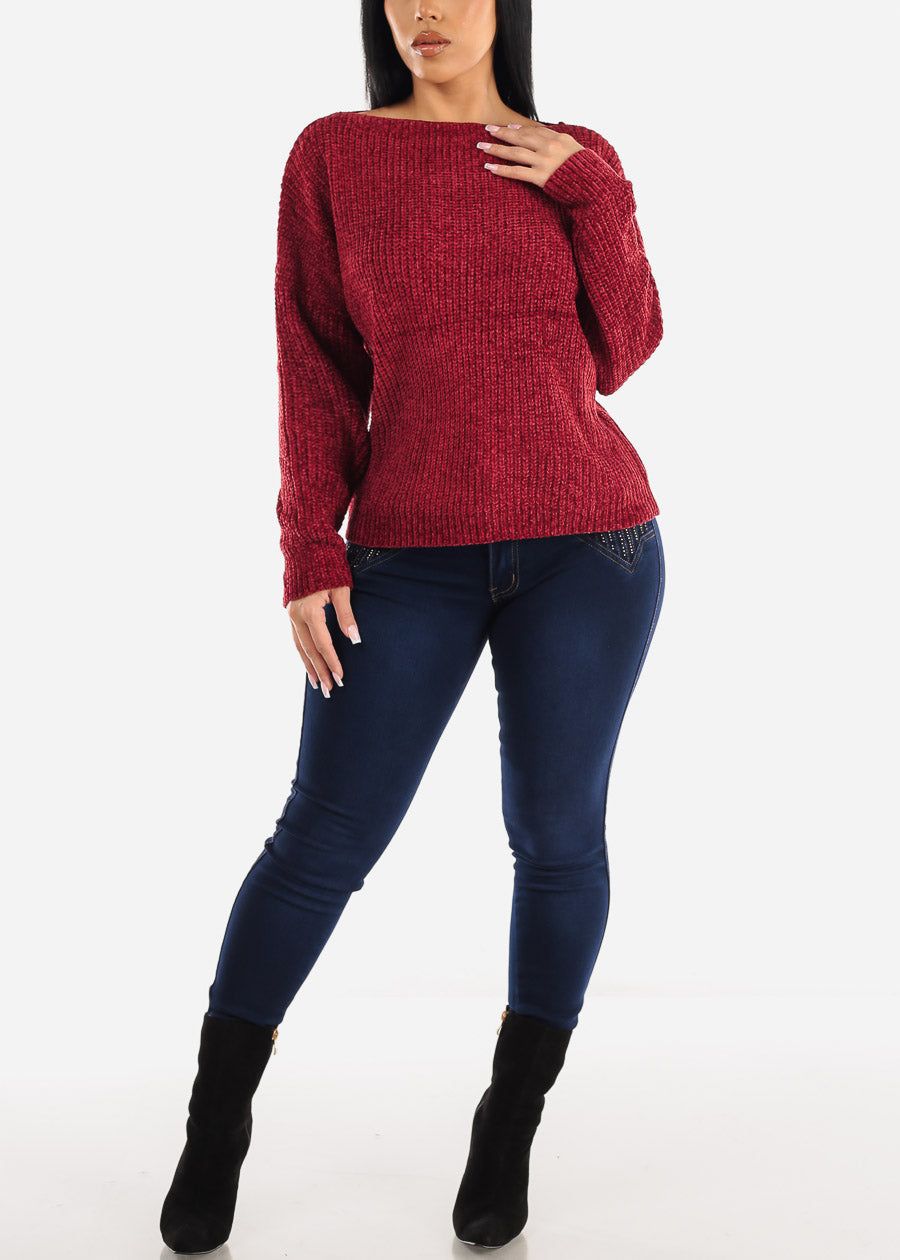 Long Sleeve Soft Knit Boat Neckline Sweater Wine sold by Moda product image thumbnail 2