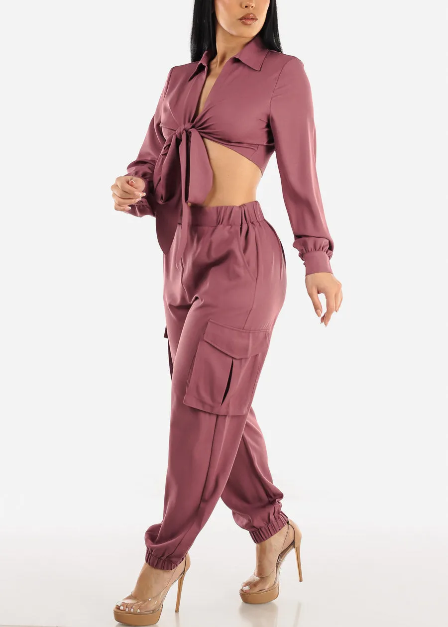 Long Sleeve Crop Top & Cargo Jogger Pants Mauve (2PCE SET) sold by Moda product image thumbnail 3